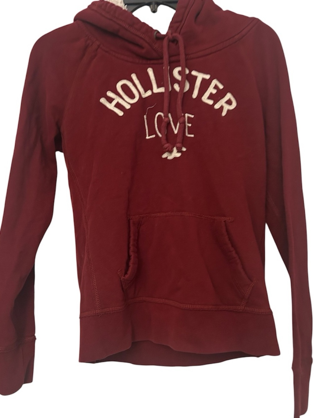 Hollister Women's Burgundy Pullover Hoodie with Embroidered Logo